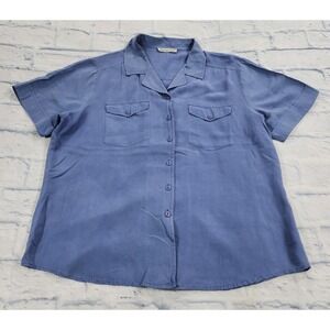Anna and Frank WOMENS L Silk Button Blouse Short Sleeve Blue Grandma VINTAGE